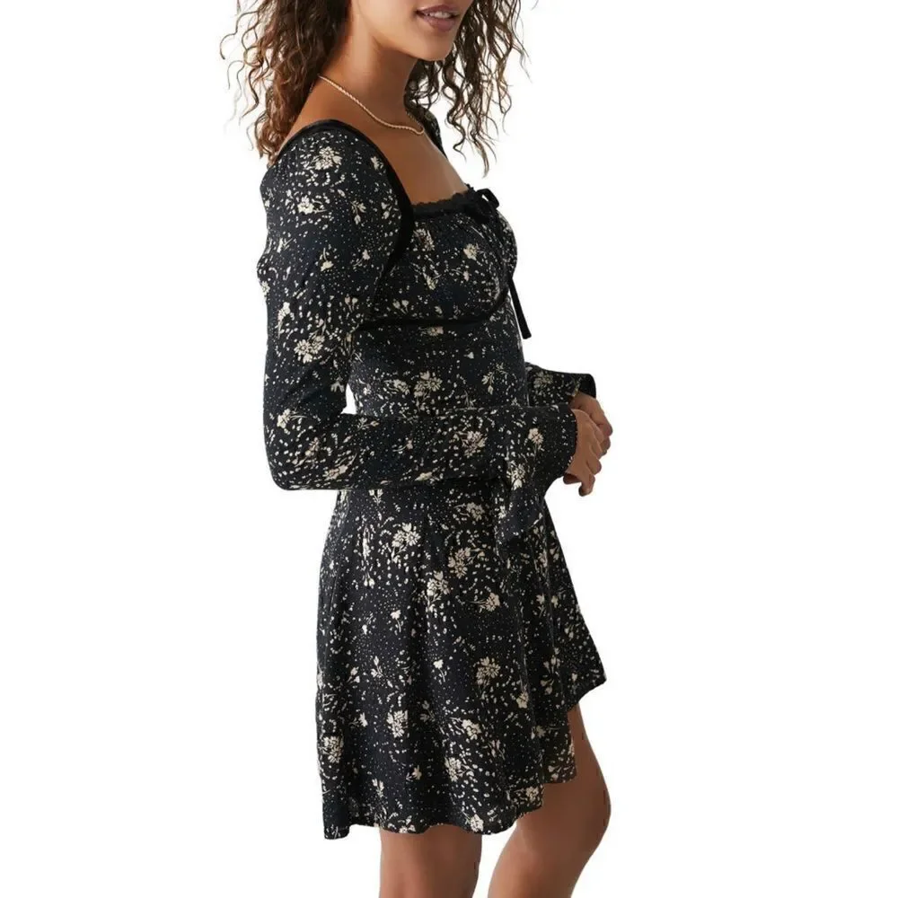 NWT Free People Tess Floral Print Long Sleeve Mini Dress in Black Combo, Size XS